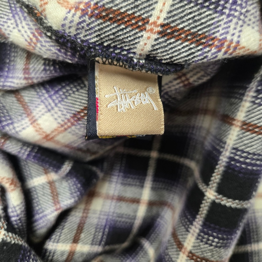 Stussy Vintage Mens Large Purple Black Plaid Flannel Button Down Long Sleeve 90s - Picture 9 of 13